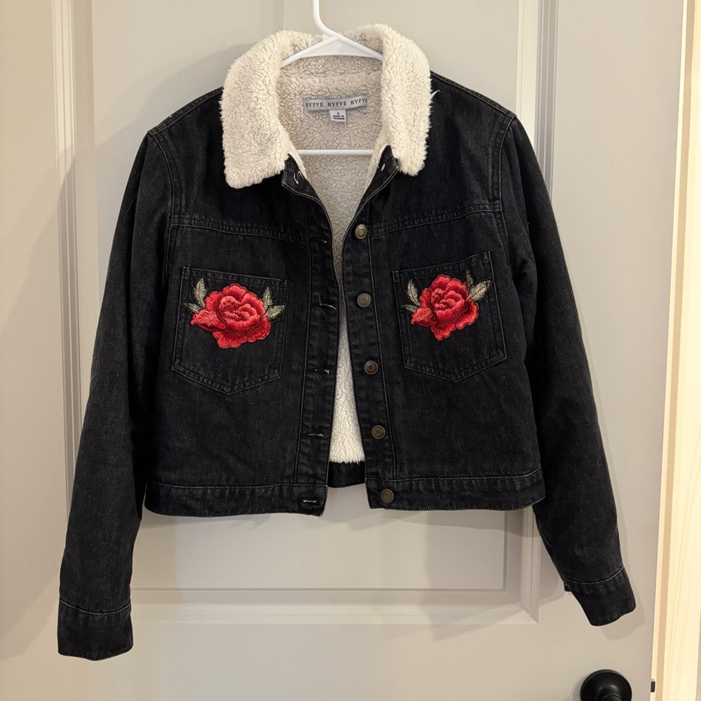 HYFVE Denim Jacket with Cream Sherpa Collar and Red Rose Pockets